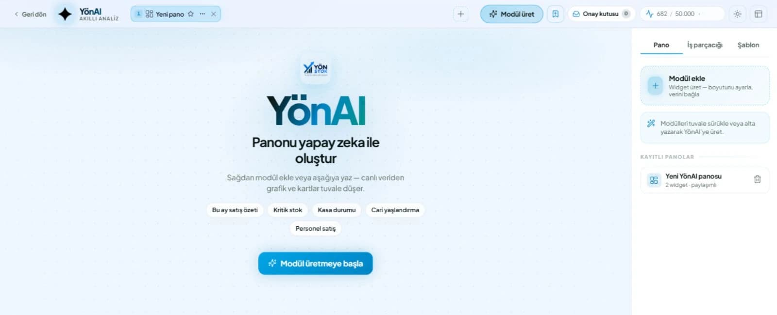 Yön Stok YönAI ekranı: pano oluşturma, hızlı istemler, modül ekleme ve kayıtlı panolar.